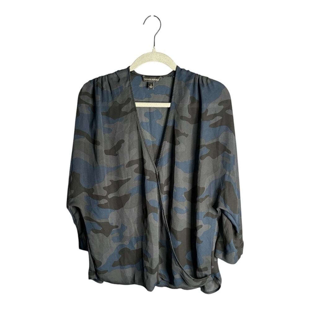 Banana Republic Blue Gray Camouflage Semi Sheer Wrap Blouse Small